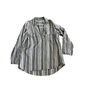 Ellen Tracy Long sleeve denim‎ blue & white collar blouse 1X 100% linen c…